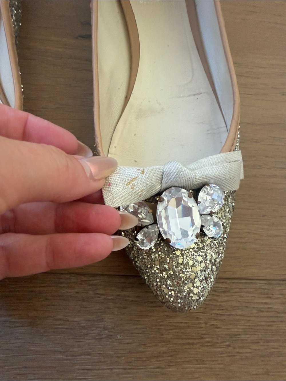 Miu Miu Gold Glitter Pointed Flats with Crystal Bow - Picture 6 of 6